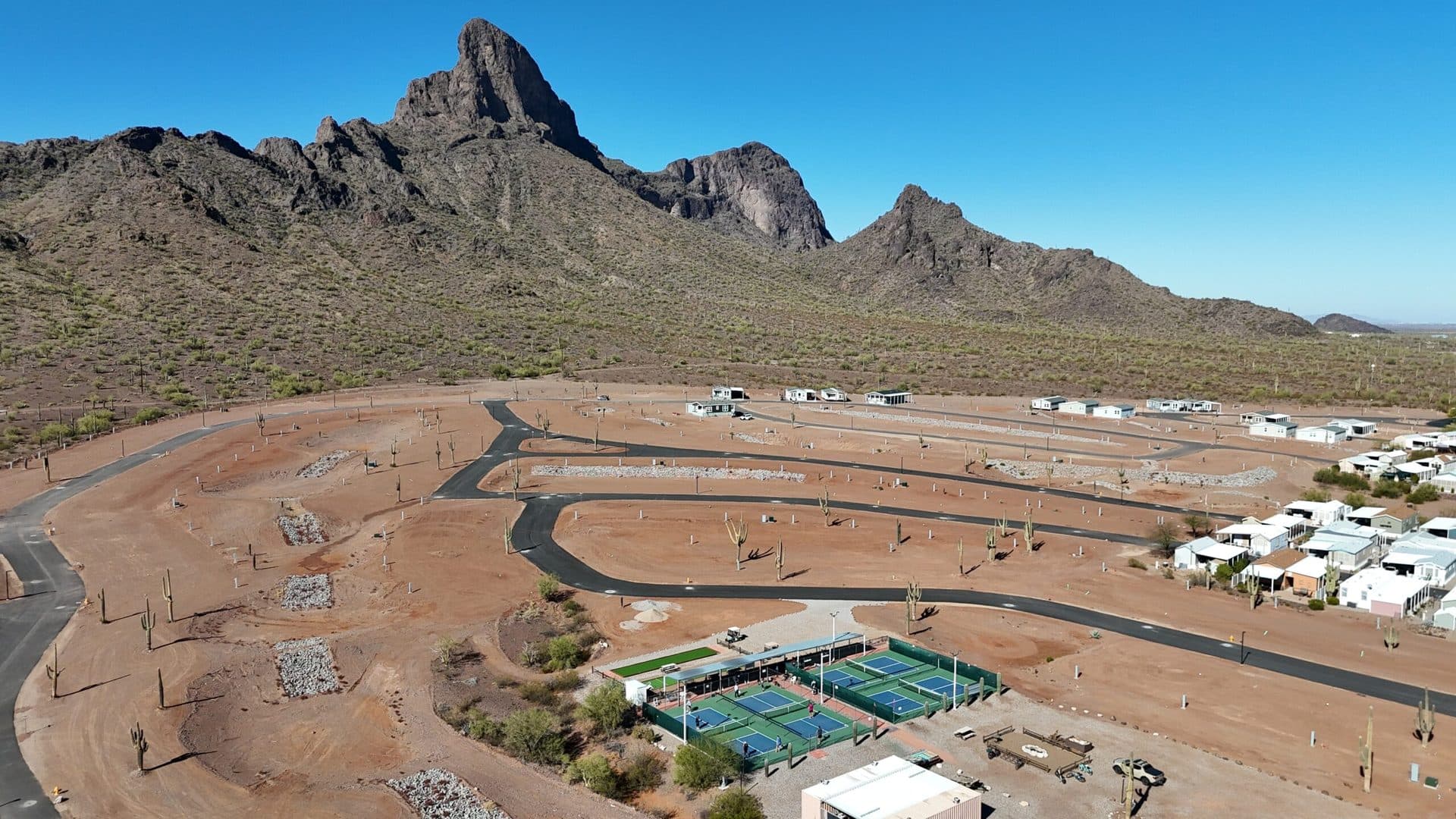 Aerial view of Picacho Peak RV Resort in Red Rock, Arizona.
