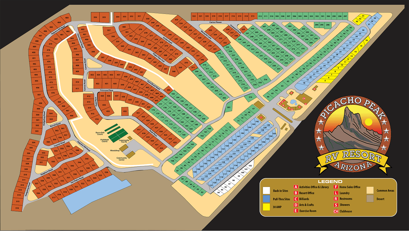 Site map of Picacho Peak RV Resort showing every numbered lot, the roads, clubhouse, pools, and amenities.